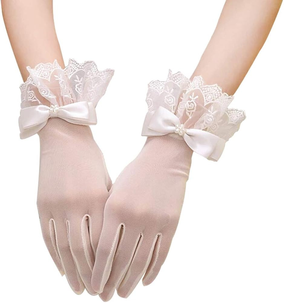 R STAR Floral Short Lace Gloves, Women Wrist Length Gloves for Wedding(B) | Amazon (US)