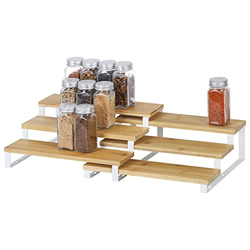 MOOACE Spice Rack Organizer for Cabinet, 3 Tier Expandable Seasoning Shelf Spice Storage Holder, Organizer for Kitchen Cabinet, Pantry or Countertop, Set of 2, White and Natural | Amazon (US)
