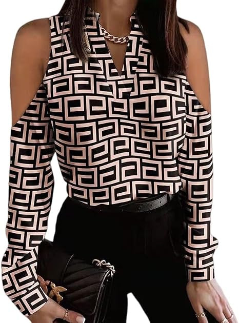 Women's Cold Shoulder Blouse V Neck Long Sleeve Print Dressy Casual Top | Amazon (US)