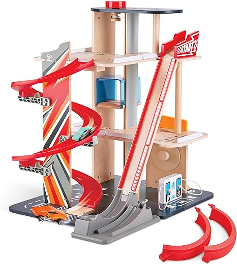 Hape Gearhead Stunt Garage Kids Wooden Toy Car Parking Garage Playset w/Elevator and 2 Exit Track... | Amazon (US)