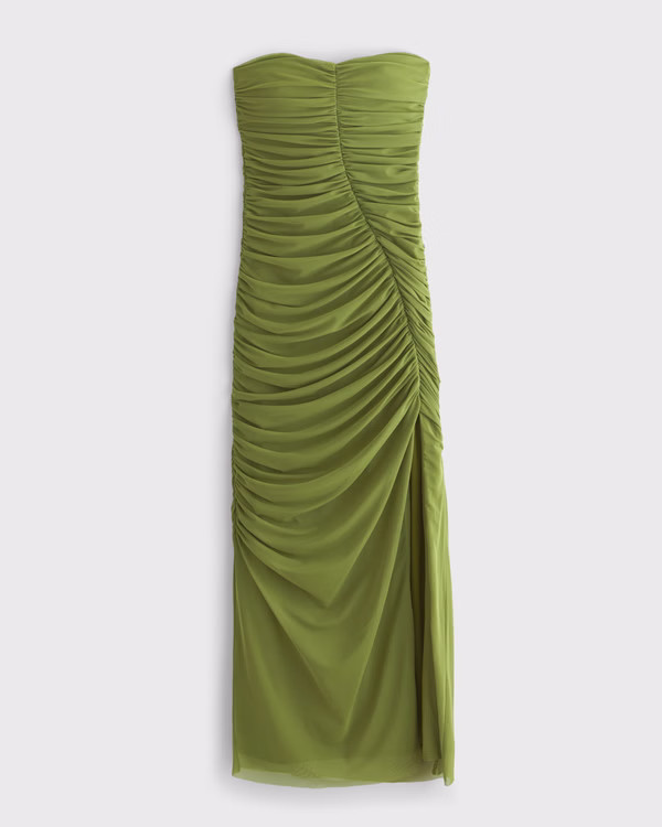 Women's Strapless Ruched Mesh Maxi Dress | Women's New Arrivals | Abercrombie.com | Abercrombie & Fitch (US)