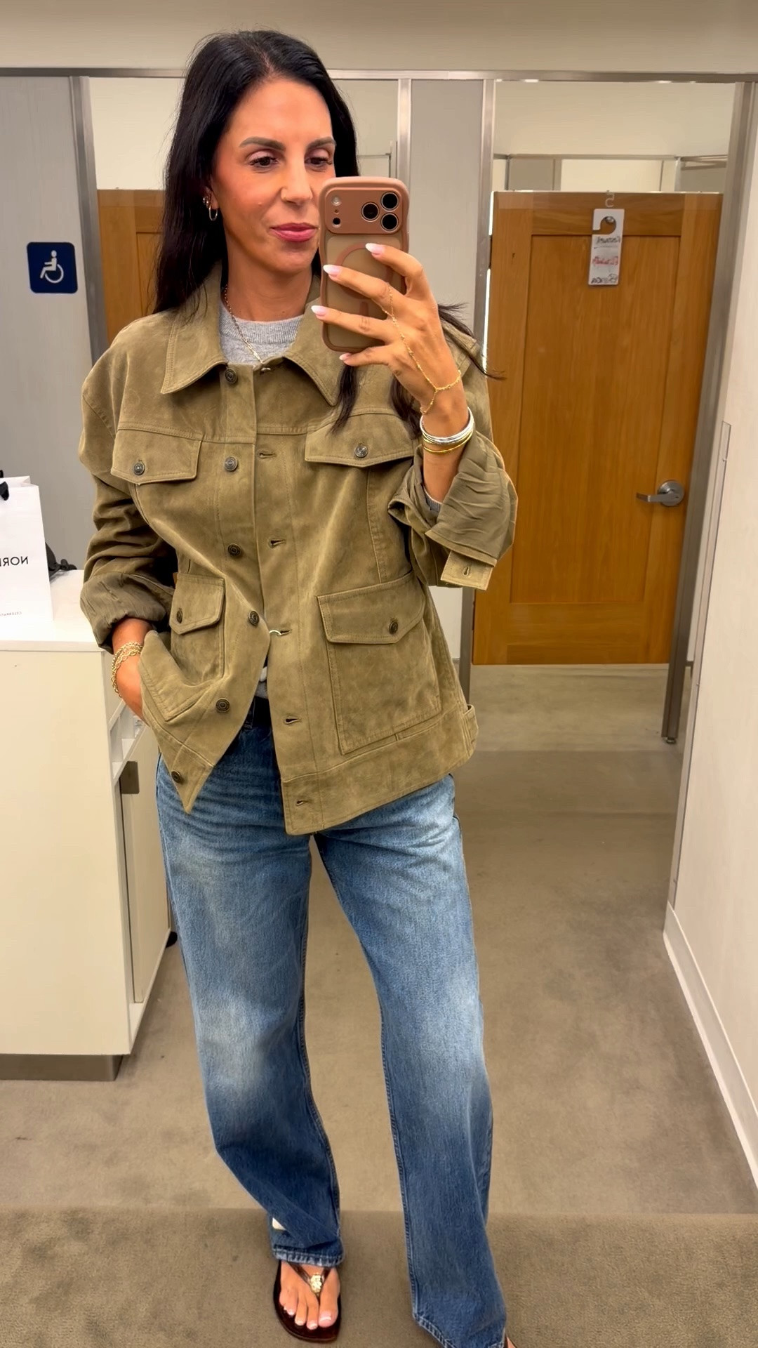 Size down in jacket- small 
Denim is tts and amazing!  Wearing a 26 
Sweater is tts and wearing a small

#LTKU #LTKootd #LTKSaleAlert