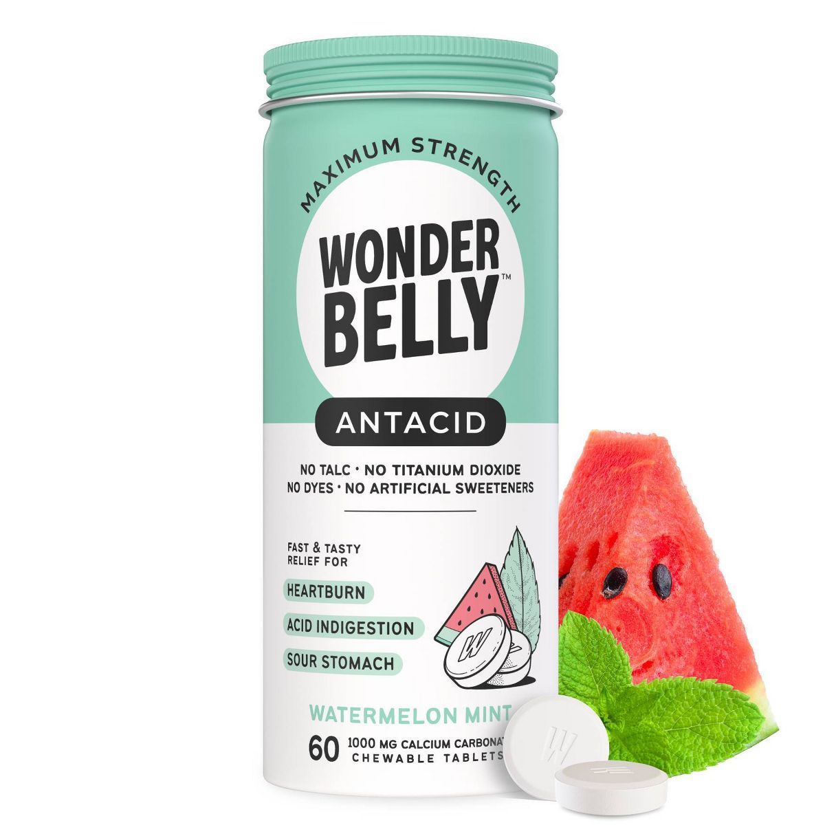 Wonderbelly Antacid 1000mg Chewable Heartburn Relief Tablets - Watermelon Mint - 60ct | Target