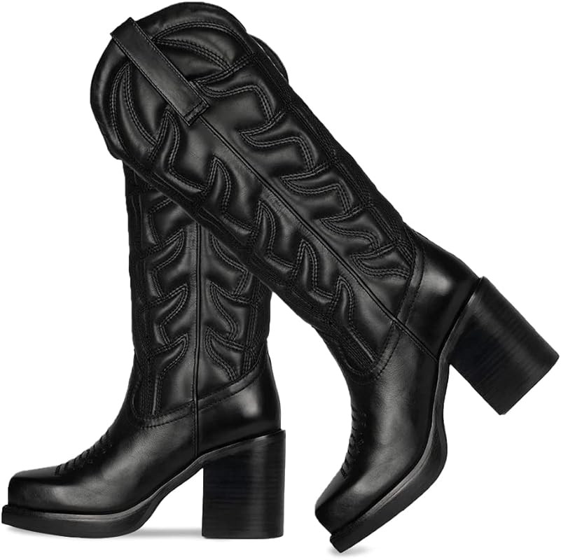 Atsroel Women's Western Cowboy Boots Embroidered Knee High Boots Block Chunky Heel Pull On Square To | Amazon (US)