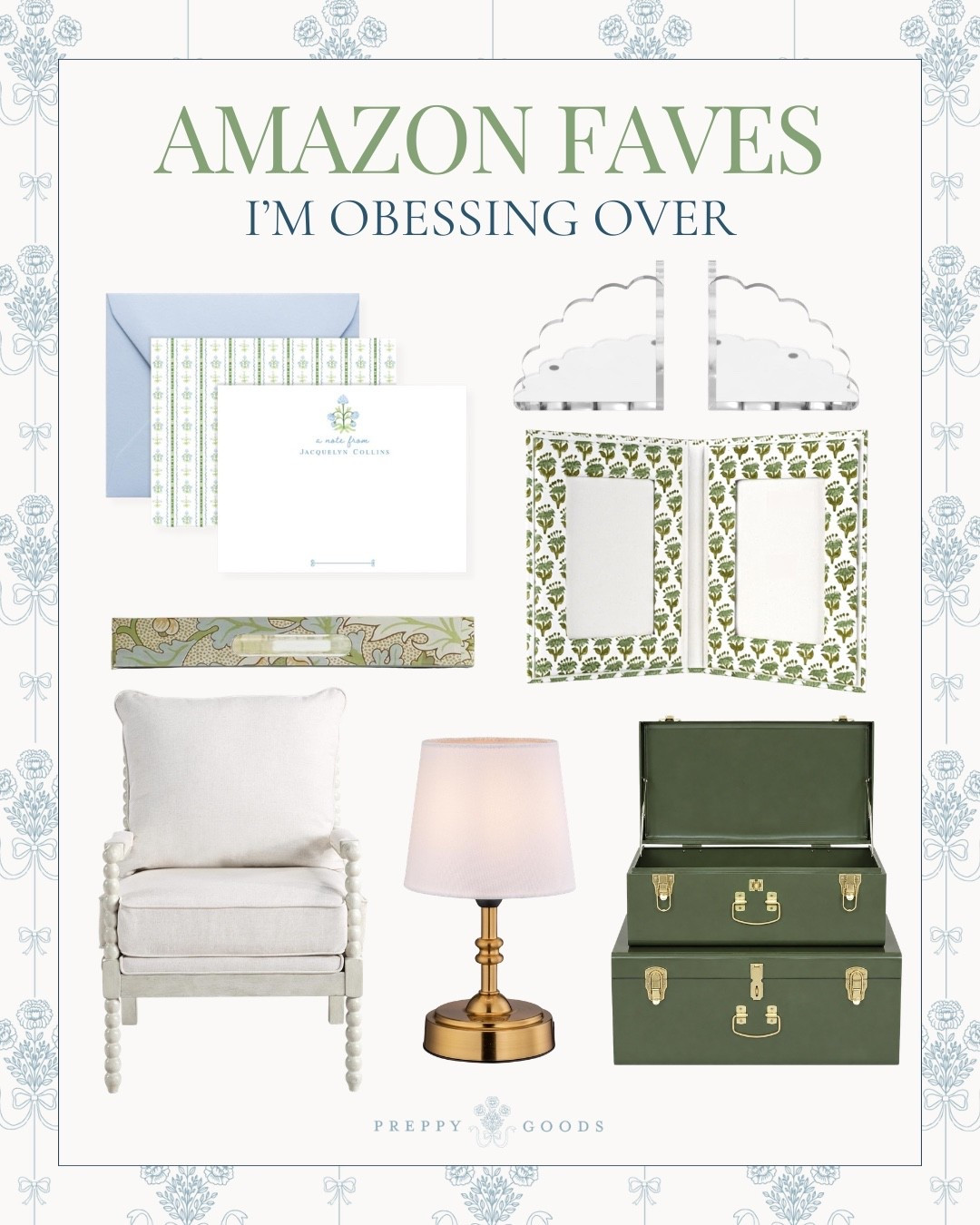 Amazon home and lifestyle finds with a preppy grandmillennial look, including green storage trunks, block print frames, scalloped acrylic accessories, personalized stationery and traditional lighting. Pretty finds for adding color and personality throughout your home!

#LTKHome