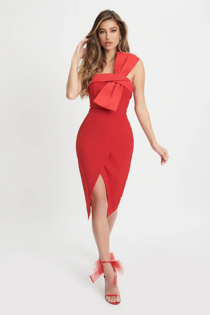 EMILY Bandeau Bow Detail Wrap Midi Dress In Red | Lavish Alice