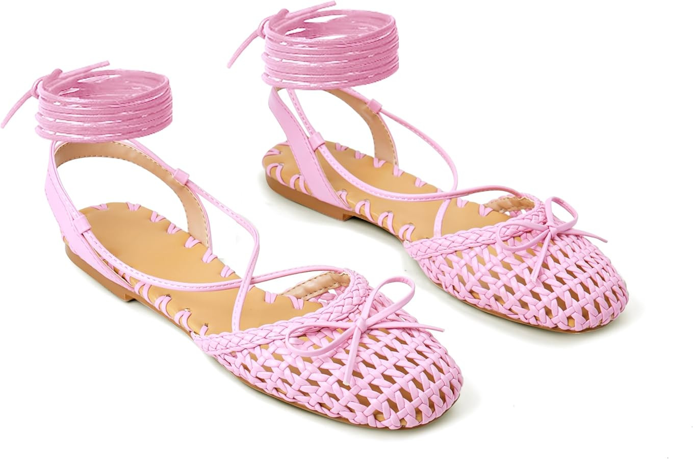Woven Ballet Flats for Women Lace Up Closed Square Toe Summer Flats Shoes | Amazon (US)