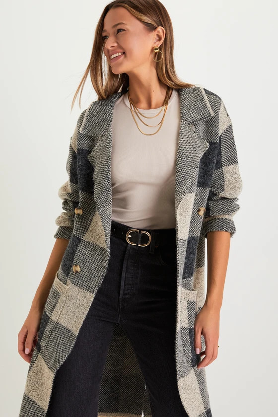 Cuddle Club Beige and Black Plaid Long Sleeve Coatigan | Lulus (US)