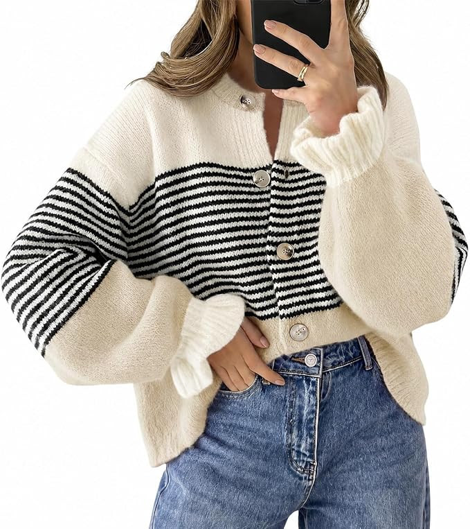Saodimallsu Womens 2026 Fall Trendy Striped Cardigan Sweaters Ruffle Sleeve Button Up Loose Color... | Amazon (US)