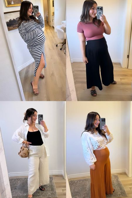 
Striped set: size small 

Marsala top: medium 
Black cropped pants: medium in 22 inch inseam (pre-pregnancy I would have worn small) 

White button down: size small 
Black top: size medium 
Linen pants: size small 

White crop top: 
Brown pants: 

#LTKBump #LTKStyleTip #LTKFindsUnder100