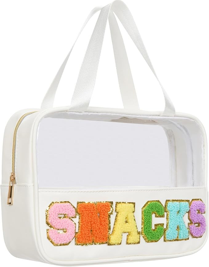 Snacks Bag Clear Chenille Varsity Letter Zipper Pouch Travel Makeup Bag Aesthetic Storage Organiz... | Amazon (US)