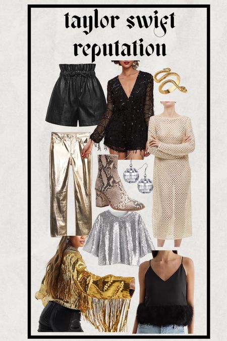 Taylor Swift outfit. Eras tour outfit ideas. Reputation outfit ideas. Concert outfit ideas. Sequined dress. Sequined romper. Sequined jacket. Gold pants. Sequined top. Leather shorts. Disco ball earrings. Snakeskin ankle boots. Snake ring. Feather tank top. Amazon fashion.  Amazon finds  
.
.
.
… 

#LTKFestival #LTKstyletip #LTKunder100