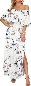 AUSELILY Womens Off The Shoulder Dress Summer Casual Long Ruffle Party Side Split Beach Maxi Dres... | Amazon (US)