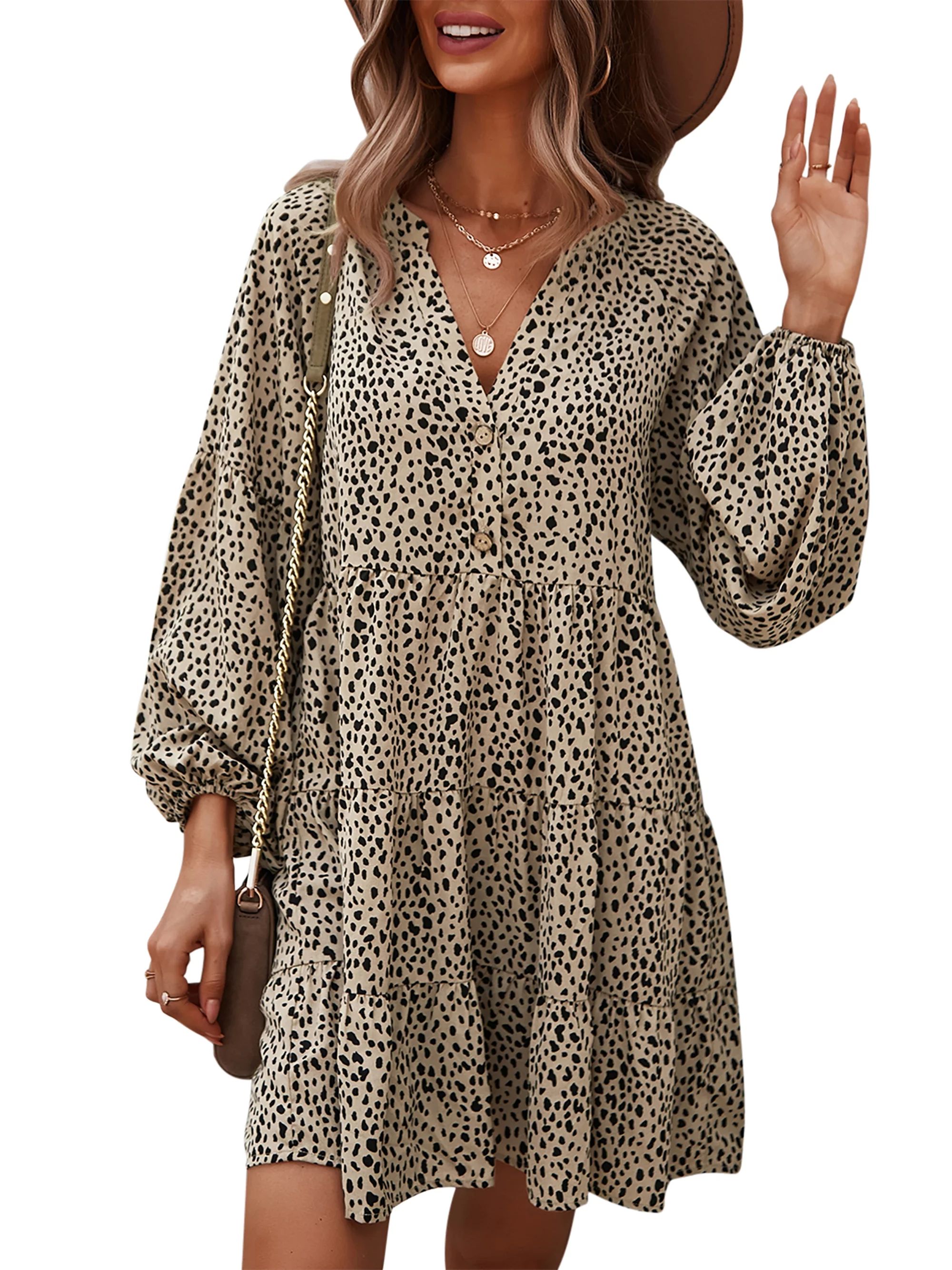SHIBEVER Fall Long Sleeve Leopard Floral Tunic Dress for Women Boho V Neck Ruffle Swing Mini Dres... | Walmart (US)
