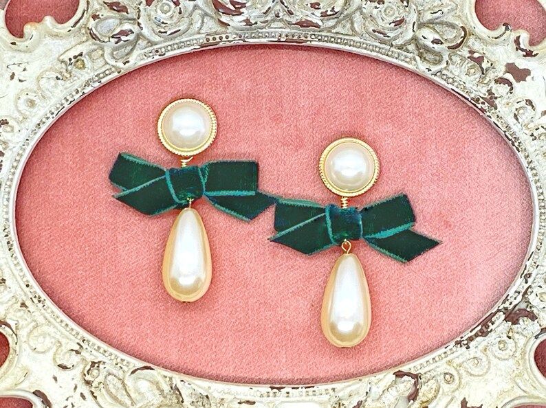 Velvet Earrings/Holiday Earrings/Pearl Earrings/Bow Earrings/Christmas Earrings/Gift For Her/Emer... | Etsy (US)