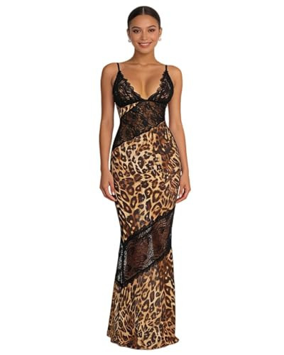 Caviotess Women’s See Through Mesh Leopard Print Maxi Dress Sexy Lace V Neck Bodycon Long Dress Party Club Dresses | Amazon (US)