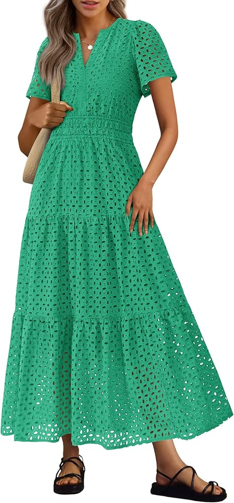 PRETTYGARDEN Womens 2026 Summer Maxi Dress Short Sleeve V Neck Hollow Out Eyelet A Line Long Flow... | Amazon (US)