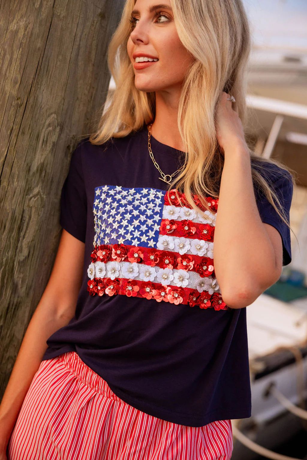 Navy Flower American Flag Tee | Queen of Sparkles