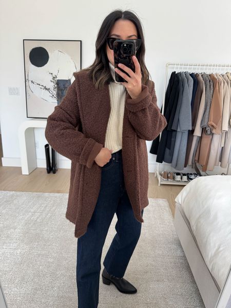 Madewell boucle coat. Very warm and thick. Might be sold out. You can size down. 

Madewell coat xs
Madewell sweater xs
Madewell jeans 25. Cut hems. 
Madewell boots 5

#LTKsalealert #LTKSeasonal #LTKCyberWeek