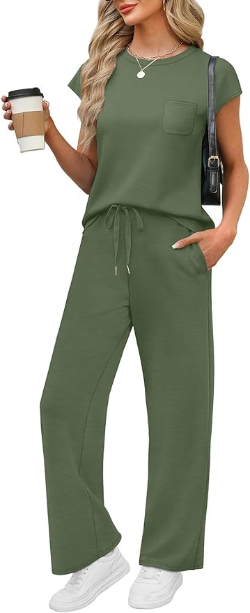 WIHOLL 2 Piece Sets for Women Casual Summer Travel Vacation Outfits Cap Sleeve Lounge Set | Amazon (US)