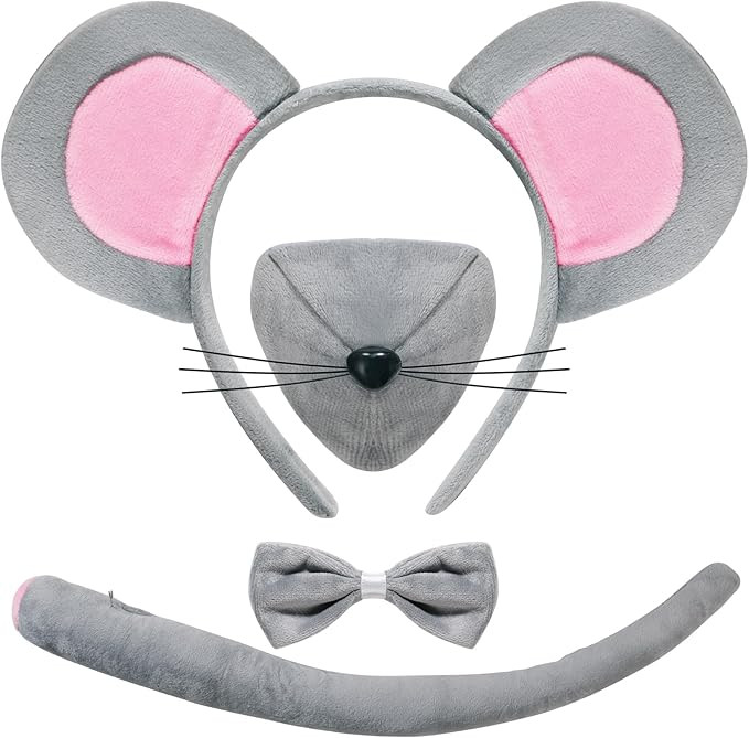 Mouse Costume Ears-Headband-Tail-Nose-Bow-Tie Accessories Set : Standing Up Grey and Pink Ears He... | Amazon (US)