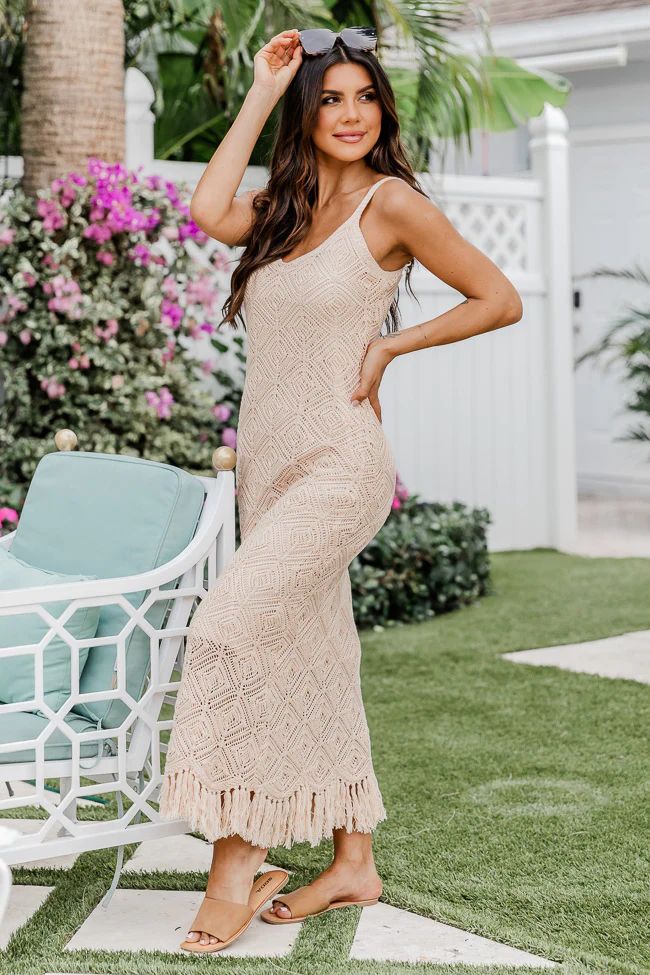 Want Your Love Taupe Crochet Fringe Midi Dress | Pink Lily