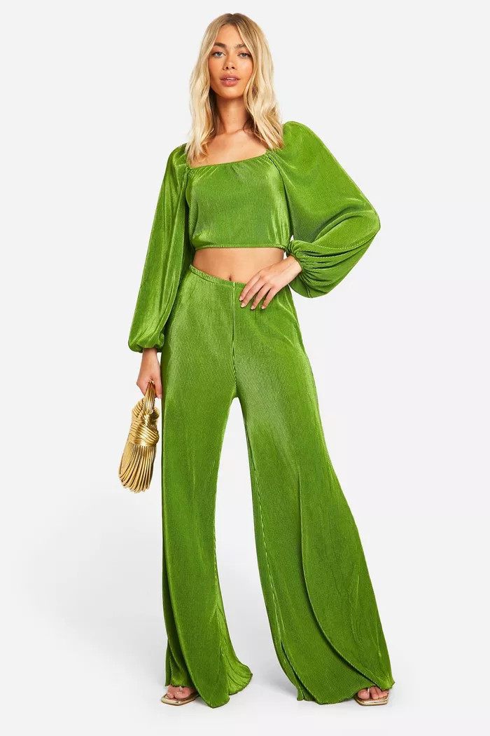 Plisse Volume Sleeve Crop & Wide Leg Trousers | Boohoo.com (UK & IE)