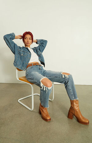 PacSun Eco Medium Blue Distressed High Waisted Straight Leg Jeans | PacSun