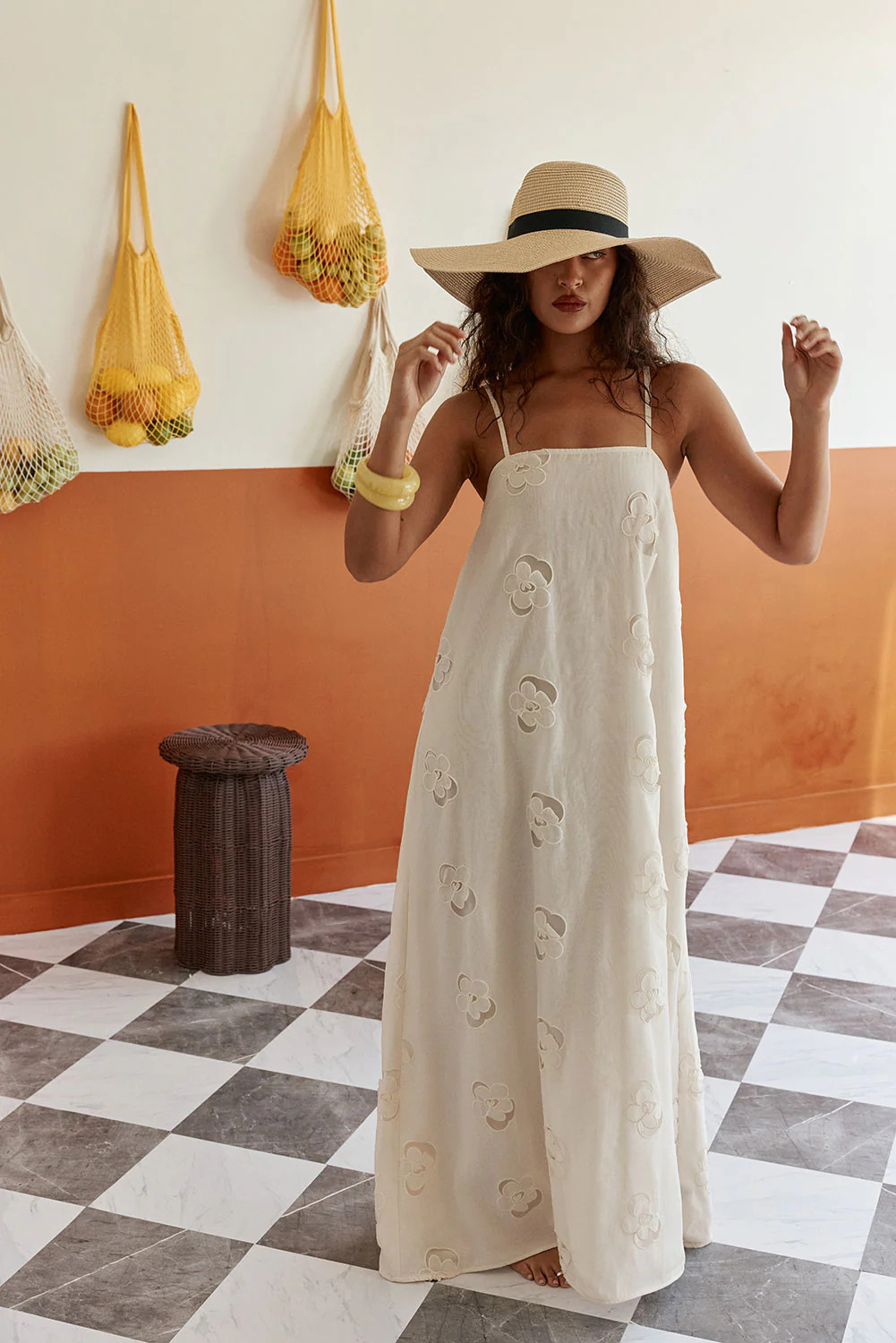 Beige Cutwork Babydoll Maxi Melena Dress | Sabo Skirt US