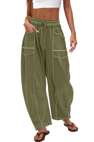 Nirovien Womens Barrel Sweatpants High Waisted Wide Leg Sweatpants Drawstring Lounge Baggy Pants Barrel Sweats(Army Green,L) | Amazon (US)
