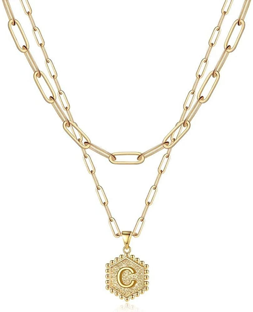 Dainty Layered Initial Necklaces for Women, 14K Gold Plated Paperclip Chain Necklace Simple Cute ... | Amazon (US)