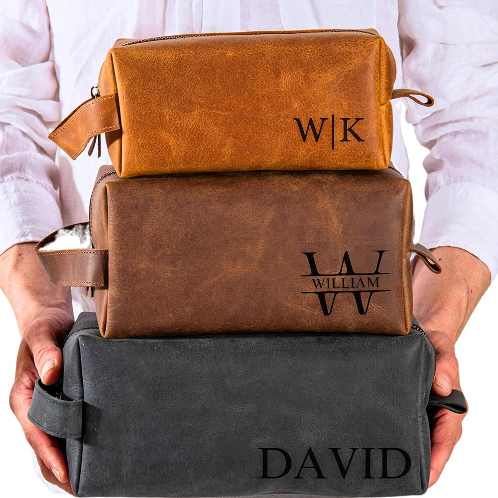 Personalized Leather Toiletry Bag for Men – Custom Engraved Shaving Dopp Kit with Name or Initi... | Amazon (US)