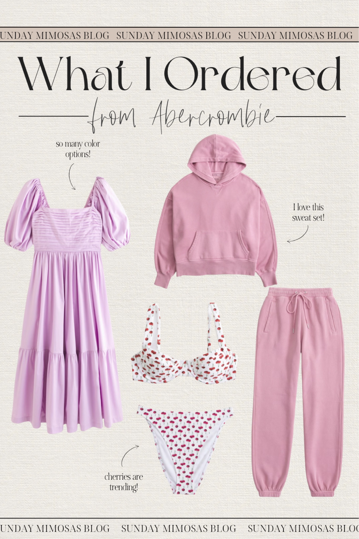 What I ordered from Abercrombie ☺️

Pink crewneck hoodie - ordered a size S/M (sized up one for an oversized fit)

Pink sweatpants - size XS 

Lilac purple dress - size xs - this is the perfect Spring dress, you could wear as a bridal shower guest dress, Easter dress, or baby shower dress guest.

Cherry swimsuit - size small in the bikini top and xs in the bikini bottoms. Cherries are trending right now!

#LTKSeasonal #LTKStyleTip #LTKSaleAlert