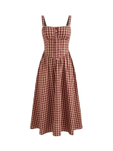 CIDER Maxi Dress for Women Gingham Cotton Blend Square Neck Casual Lined Summer Vacation Dress Middle Waist Wine | Amazon (US)