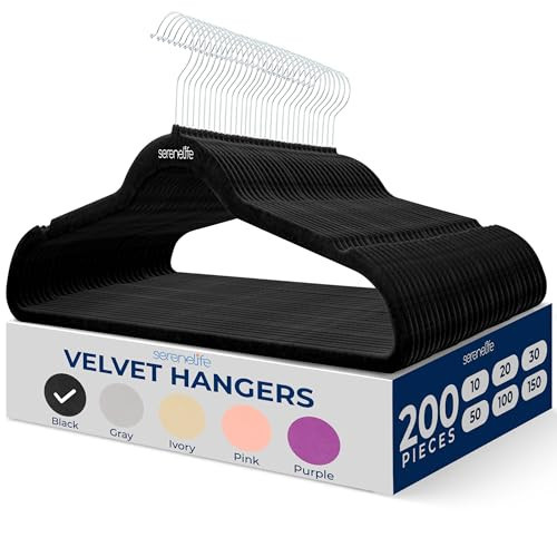 SereneLife 200 Pack Velvet Hangers - Non-Slip Felt Hangers with 360° Swivel Hook, Space-Saving, Ultra-Thin, Lightweight for Shirts, Sweaters, Hoodies, Kids Clothes & Dresses | Amazon (US)