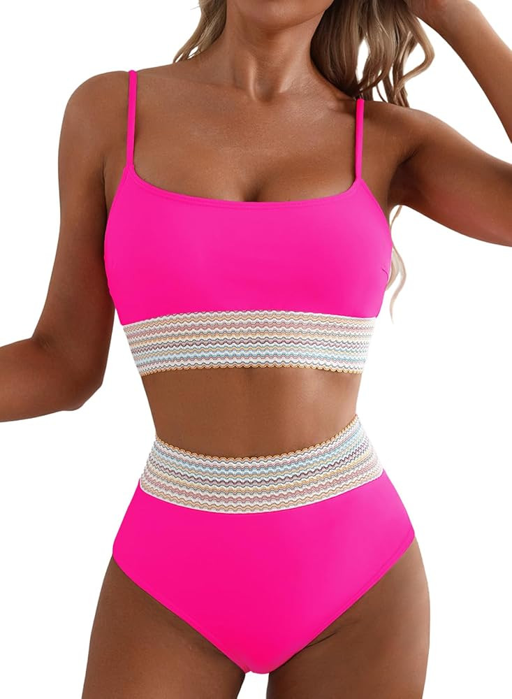 Herseas Women's Bikini Sets Colorblock Trim 2 Piece High Waisted Swimsuit Scoop Neck Adjustable S... | Amazon (US)