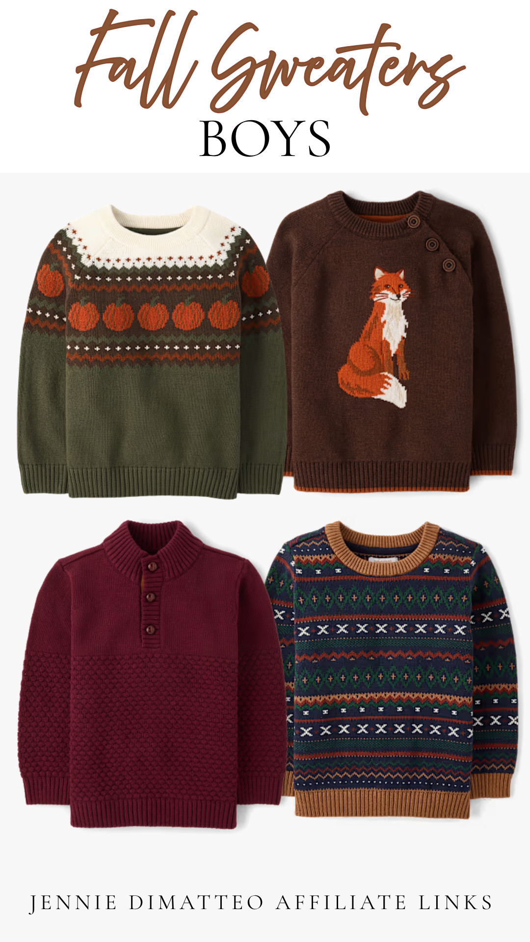 The coziest fall sweaters for the boys 🍂🤎 I’m loving all the classic fall colors, pumpkins & little woodland details!

#FallSweaters #BoysFallFashion #ToddlerBoyStyle #BoysFashion #FallKidsStyle #ToddlerOutfits #KidsFashion #FallOutfits #LTKKids #LTKFamily 

 #LTKootd #LTKBaby #LTKKids