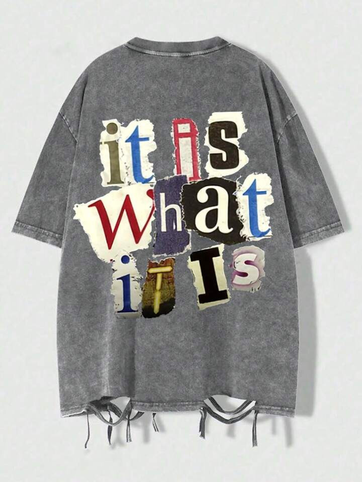 Street Style Vintage Asymmetrical Fringe Crew Neck Washed Short Sleeve T-Shirt Top | SHEIN