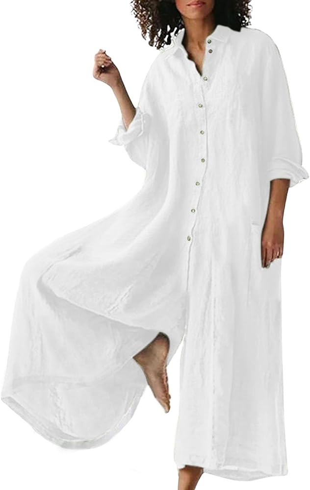 CHARTOU Women Linen Button Down Long Sleeve Wide Leg Jumpsuit Beach Palazzo Pants One Piece Jumps... | Amazon (US)