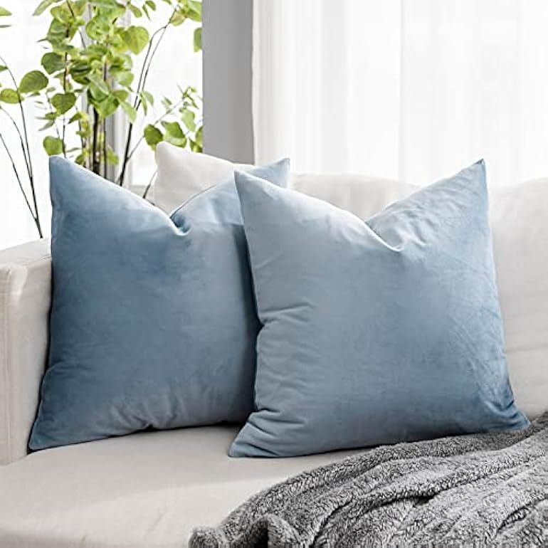 QUAFOO 24x24 Velvet Square Pillow Covers Set of 2 for Sofa Couch Bed,Luxury Soft Light Blue Throw... | Amazon (US)