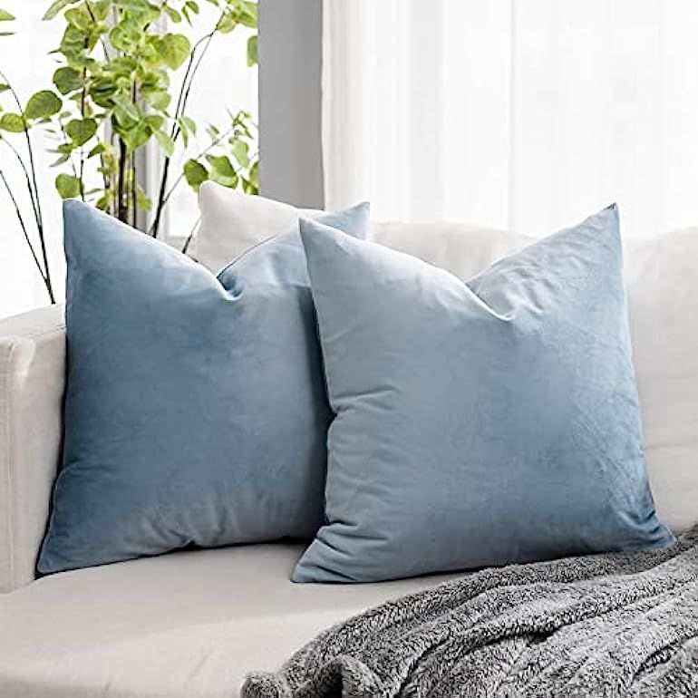 QUAFOO 24x24 Velvet Square Pillow Covers Set of 2 for Sofa Couch Bed,Luxury Soft Light Blue Throw... | Amazon (US)