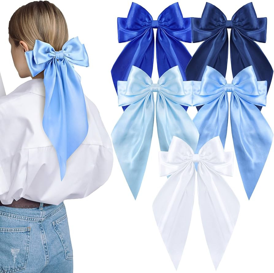 5 Pcs Blue Hair Bows for Women, Blue Bow Hair Clips Silky Satin Large Hair Bows for Girls, Blue L... | Amazon (US)