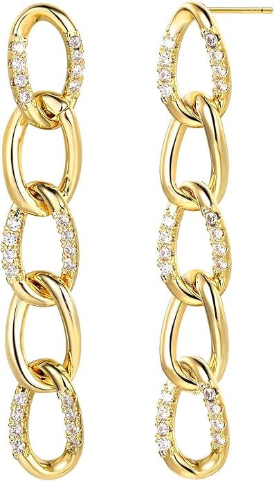 okokiss 14K Gold Plated Chain Link Dangle Earrings Minimalist Cubic Zircon Drop Earrings for Wome... | Amazon (US)