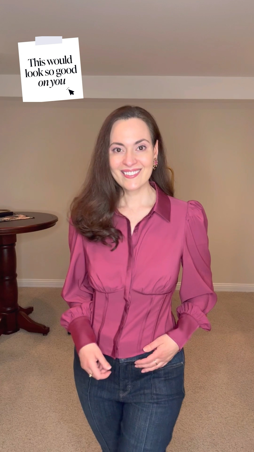 This satin detail corset style blouse is so beautiful on. 

#LTKValentine #LTKOver40 #LTKootd