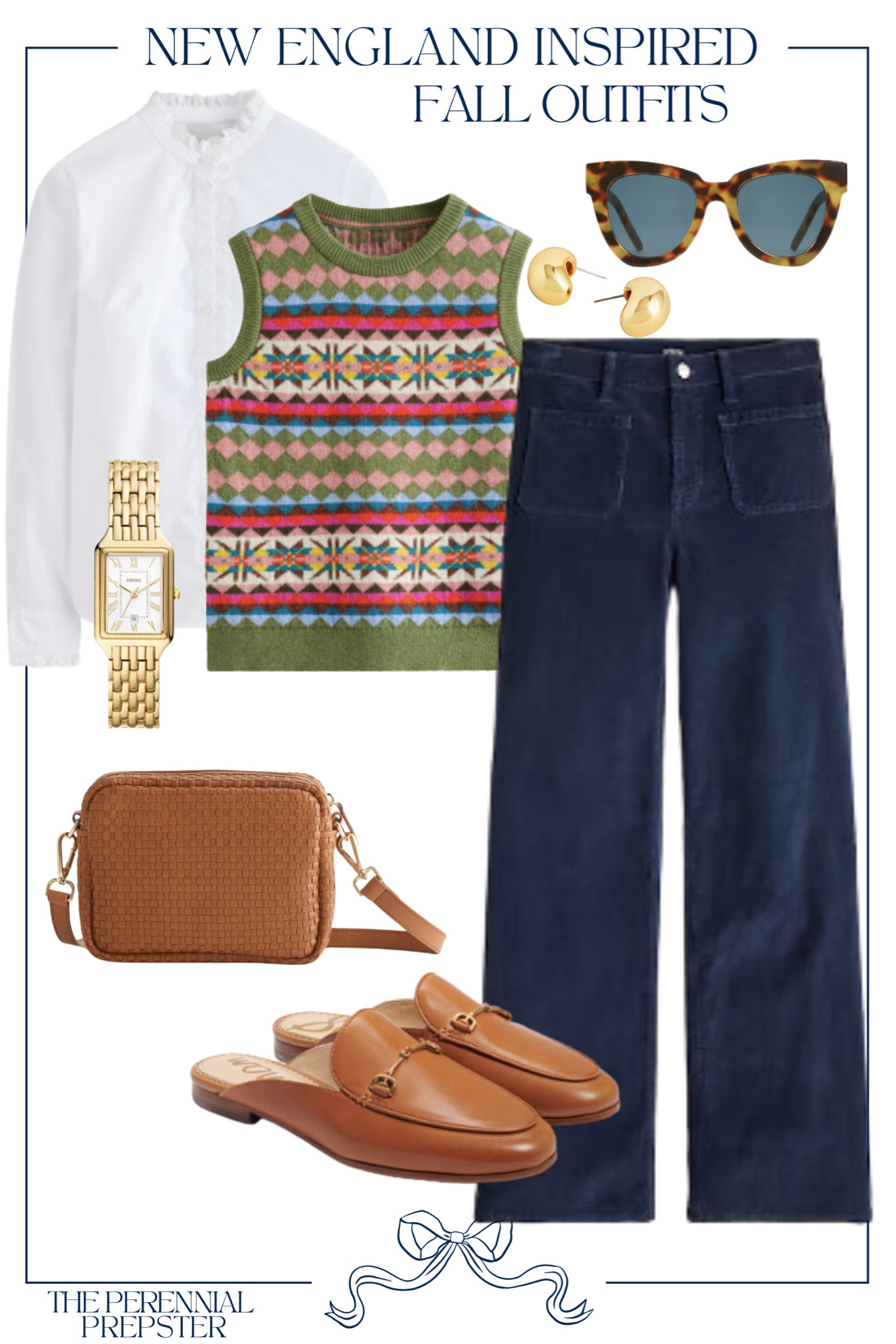 New England / British inspired preppy fall outfit idea (sweater vest just sold out but I linked a similar one and a sweater with a similar design pattern) 