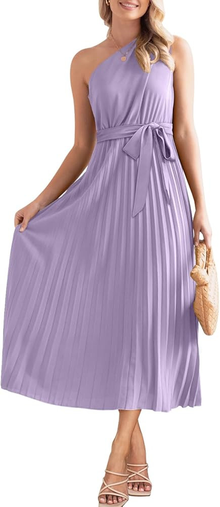 MIHOLL Women's 2023 Summer Dress Casual One Shoulder Sleeveless Midi Dress Tie Waist A Line Long ... | Amazon (US)