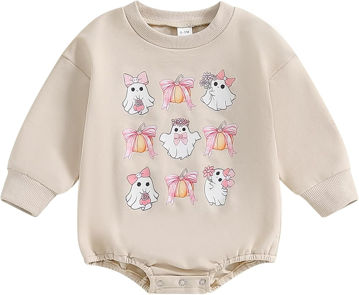 Newborn Baby Girl Halloween Outfit Pink Bow Ghost Pumpkin Bubble Romper Sweatshirt Onesie Infant ... | Amazon (US)