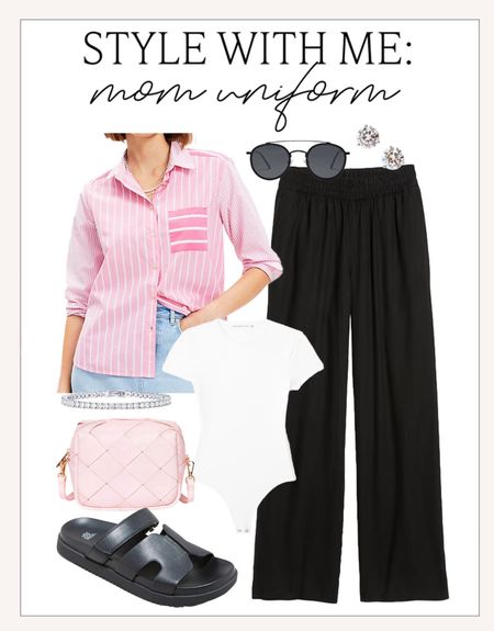 The most casual and cute mom uniform look! Perfect for a busy day of running errands! 

#momuniform

Mom uniform. Mom style. Casual cute spring outfit. Pink button down oversized top. Black linen pants. Designer inspired sandals. Casual spring style  

#LTKSeasonal #LTKfindsunder100 #LTKstyletip