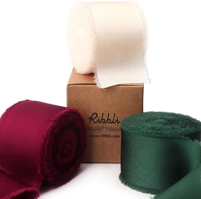 Ribbli Burgundy Ivory Green Silk Satin Ribbon 1.5 Inch x 30 Yard Handmade Frayed Chiffon Christma... | Amazon (US)