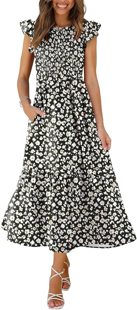 OFEEFAN Women's Casual Maxi Dresses with Pockets Ruffle Sleeve Smocked Dress XS-2XL | Amazon (US)